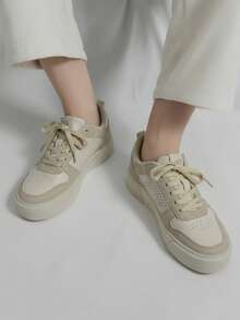 Tenis para hombre de piel sintética transpirable punta redonda con agujeta suela gruesa estilo casual minimalista para diario y moda - Beis - Ver 2