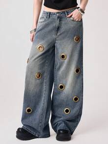 ROMWE EDITION Punk Metal Grommet Hollow Design Loose Super Low Waist Wide Leg Jeans - Blue - View 5
