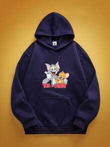 TOM & JERRY X SHEIN 男士休闲可爱卡通图案口袋保暖连帽衫，秋季款，长袖上衣 - 藏蓝色 - 查看 1