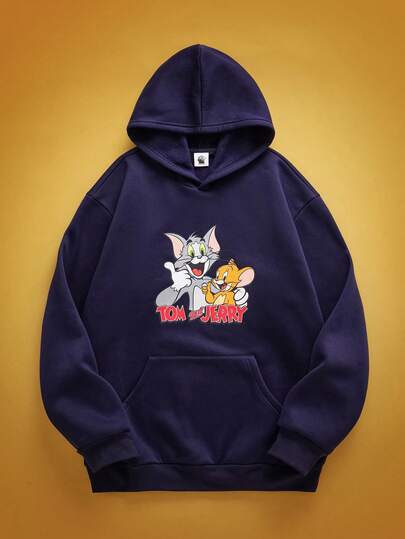 TOM & JERRY X SHEIN 男士休闲可爱卡通图案口袋保暖连帽衫，秋季款，长袖上衣