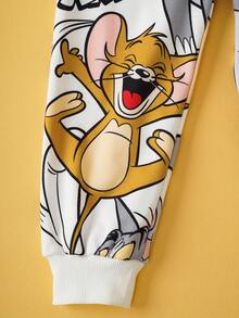 TOM & JERRY X SHEIN 2 件套小男孩卡通全身印花针织宽松圆领套头衫和裤子套装，秋冬