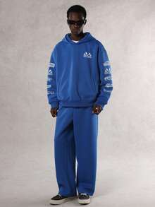 DAZY Men's Letter Print Design Oversized Hoodie Set, Autumn/Winter - Blue - View 5