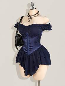 SHEIN ICON Váy ngắn chữ A bằng vải voan xếp ly jacquard màu trắng buộc eo cho nữ, dây xếp ly bèo nhún trễ vai nhiều lớp, viền bèo nhún, thanh lịch cho tiệc tùng và thường ngày - Màu xanh hải quân - Xem 7