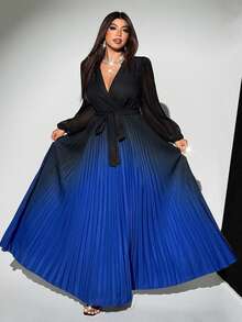 SHEIN CURVE+ 大码女式优雅渐变色交叉领口雪纺透明袖腰带蝴蝶结腰部褶皱长裙，百搭设计，适合派对、聚会、外出 - 彩色 - 查看 2