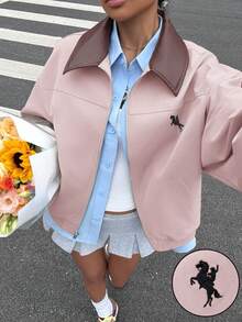 Muchica جاكيت كاجوال للنساء بطباعة فارس وياقة ملونة بتصميم أكمام طويلة للموسم الخريفي - وردي - مشاهدة 1