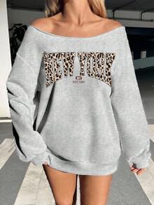 SHEIN EZwear Casual Minimalist Street Style Vintage Leopard Print New York Slogan Graphic Color Block Off Shoulder Wide Neck Long Sleeve Plus Size Women Sweatshirt, Grey, Autumn/Winter Fall Off The Shoulder Sweatshirt New York Sweatshirt Off Shoulder Top Leopard Print Sweatshirt