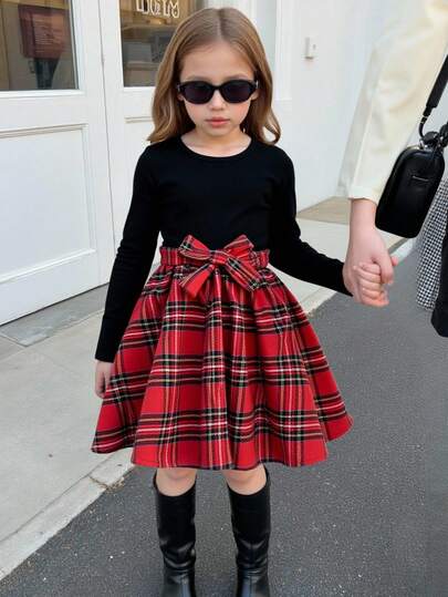 SHEIN Young Girls' Ribbed Knit Plaid Color Block Belted Crew Neck Fitted Long Sleeve Dress, Suitable For Christmas, New Year Party, Back To School, Collegiate Style, Valentine's Day Plaid Bottom Girls Bow Knot 2in1 Long Sleeve Dresses For Christmas Plaid Dress Girls Girls Christmas Outfit Christmas Outfit For Girls Christmas Outfit For Girls Plaid Girl