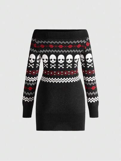 Grunge Punk Robe pull femme vintage sexy Y2K avec motif squelette sur l'épaule