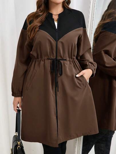 SHEIN Essnce Veste coupe-vent ample et décontractée avec bloc de couleurs et taille cintrée pour femmes grandes tailles. Polyvalente et essentielle pour le port quotidien, kaki et noir