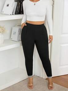 SHEIN Frenchy 大码休闲百搭千鸟格拼接修身裤 - 彩色 - 查看 7