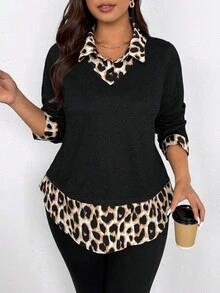 EMERY ROSE 大码女式休闲豹纹印花插肩袖弧形下摆印花二合一衬衫