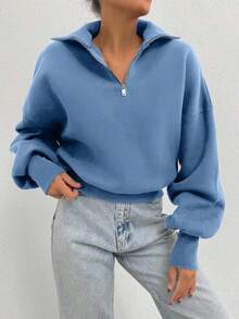 SHEIN Cottnline 100% Cotton Collar With Zipper Pattern Oversize Sweatshirt - Baby Blue - View 6