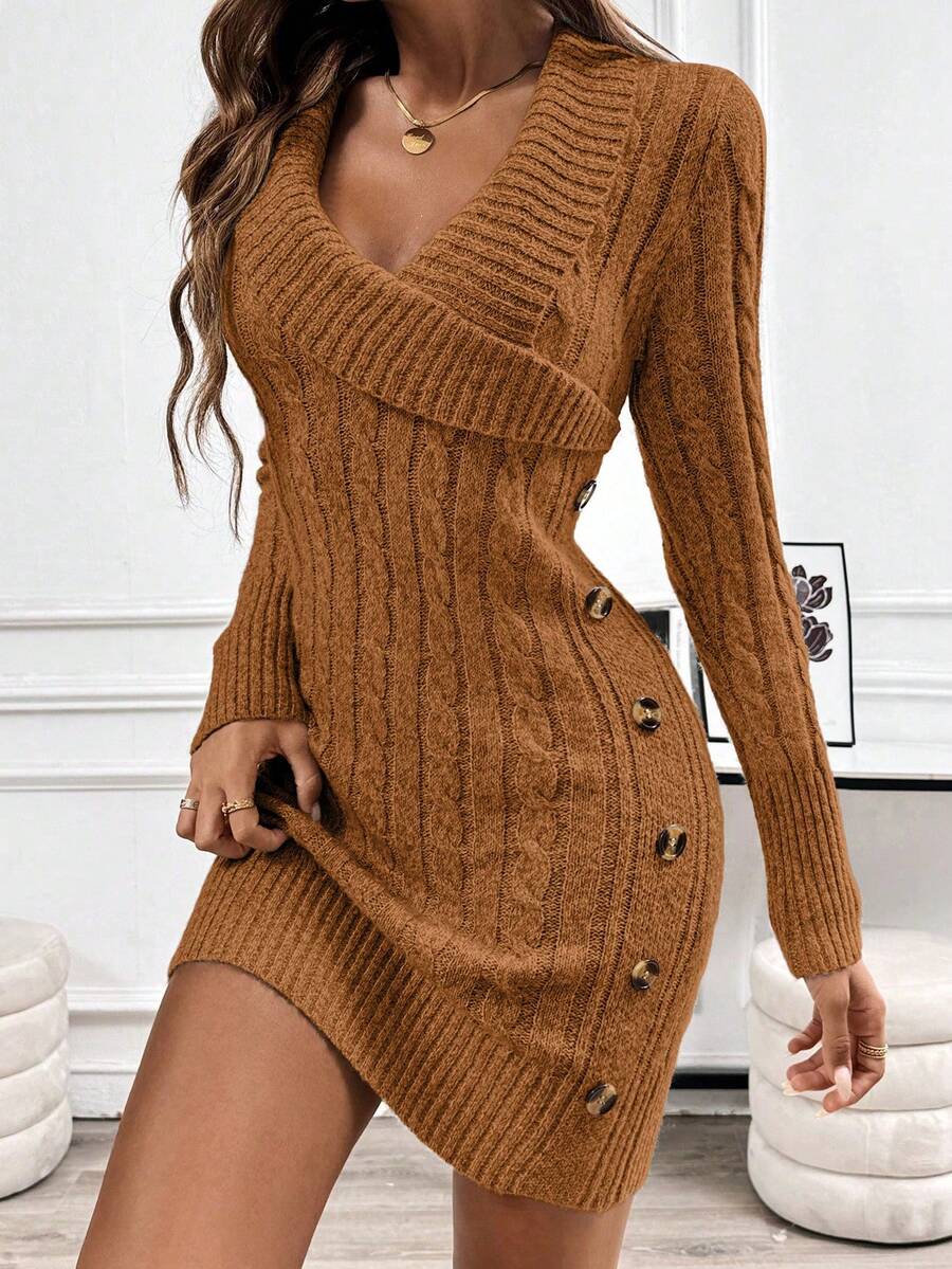 Chiquease Collared Knit Long Sleeve Comfortable Sweater Dress - Khaki - View 1