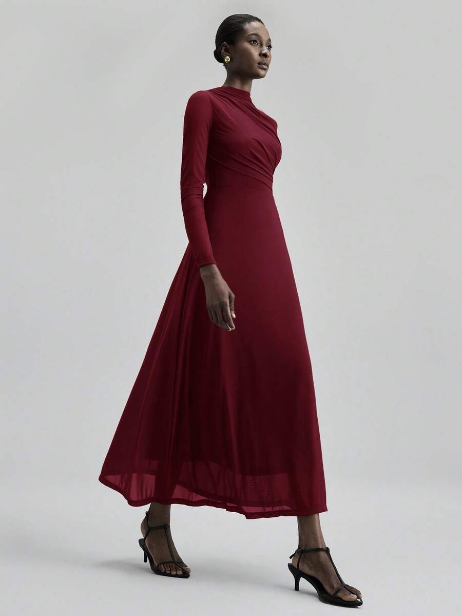 Ontre Đầm dài tay màu đỏ rượu vang trơn, ôm eo, xòe chân, kiểu dáng mới, thuộc bộ sưu tập Xuân/Hè 2026, thích hợp cho công sở, đi làm, dự tiệc thanh lịch hoặc dự tiệc ngày Valentine. - Màu Đỏ Sâu - Xem 1