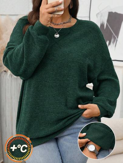 EMERY ROSE Plus Size Women's Casual Everyday Commute Simple Solid Color Drop Shoulder Loose Thermal Lined Warm Sweatshirt, Autumn/Winter Plus Size Winter Clothes,New Year Going Out Outfits,2025 New Clothes,Simple And Fashionable For Everyday Wear, Plus Size Winter Clothes, Christmas Outfit For Women ,New Year Clothes,Date Night Outfits Women