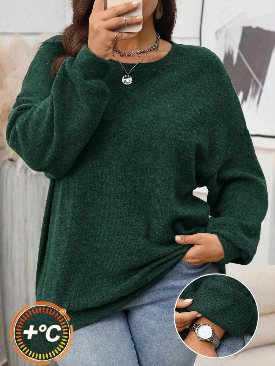 EMERY ROSE Plus Size Women's Casual Everyday Commute Simple Solid Color Drop Shoulder Loose Thermal Lined Warm Sweatshirt, Autumn/Winter Plus Size Winter,New Year Going Out,2025 New,Simple And Fashionable For Everyday Wear, Christmas For Women ,New Year,Date Night Women