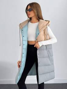 SHEIN Cottnline Woman 2 Colored Block Color Sleeveless Padded Drawstring Detailed Hoody Neck Front Snap Button Up Midi Length Winter Coat Casual - Multicolor - View 3