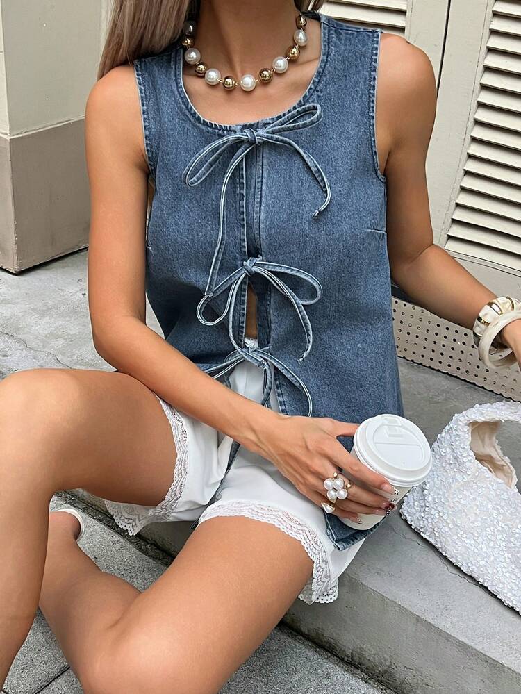 Women's Summer Round Neck Sleeveless Tie-Up Fitted Casual Denim Top Y2k