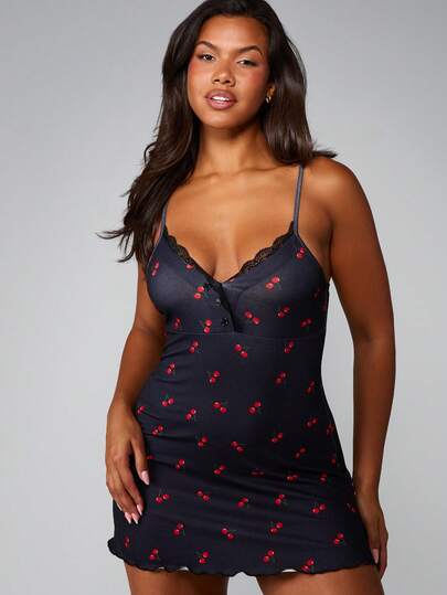 MISSGUIDED 樱桃印花吊带睡裙蕾丝边睡袍前扣迷你睡衣