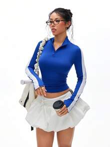Gameset SHEIN Sport 女士基本款撞色拉链立领运动衫，适合瑜伽和运动 - 寶藍色 - 查看 6