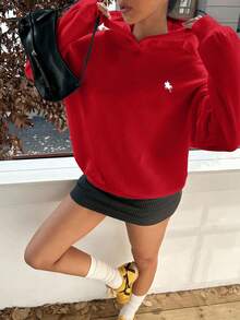 SHEIN Leap Crew Tween Girl Horse Embroidery Hooded Sweatshirt In Fall/Winter - Red - View 3