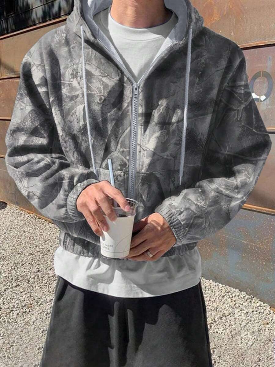 Manfinity 男式树枝印花拉链前连帽休闲运动衫 - 淺灰色 - 查看 1