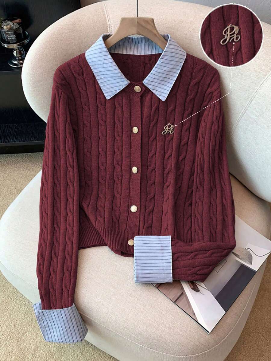 Franclia 时尚博主风二合一拼布针织短款开衫，欧美风