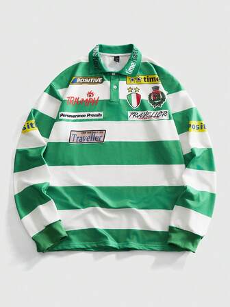 Street Life Felpa casual da uomo di moda da strada, con stampa a badge e righe a contrasto, colletto polo, vestibilità morbida, adatta per primavera/autunno