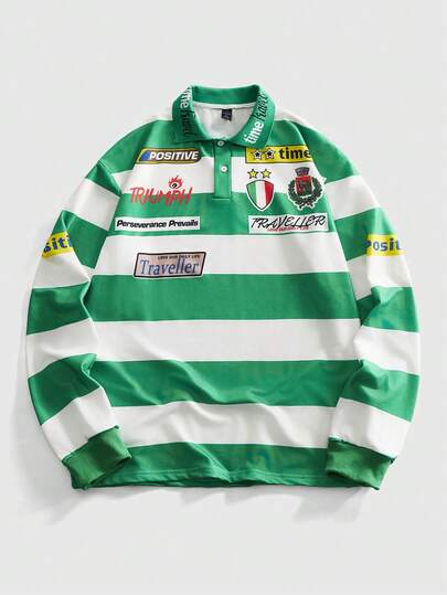 Street Life Men's Casual Preppy Fashion Street Letter Badge Print Contrast Stripe Polo Collar Loose Sweatshirt, Spring/Autumn