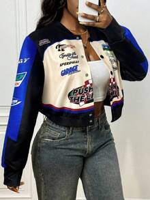 Slaydiva 2025新款早秋冬休闲街头日常约会机车复古棒球夹克口号Logo杏色拼接黑绿印花落肩长袖宽松外套针织面料女装 - 藍色 - 查看 4