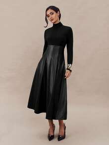 Modelyn Đầm dài tay cổ lọ tối giản màu trơn dành cho nữ, mặc thường ngày - màu đen - Xem 5