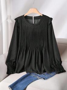 CosyJoli Plus Size Women Polka Dot Round Neck Long Sleeve Plus Size Camel Sweater Spring - Black - View 2