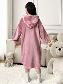 SHEIN 2 件套青少年女孩休闲珊瑚绒连帽宽松长袖套头家居服长袍，粉色 - 藕粉色 - 查看 3