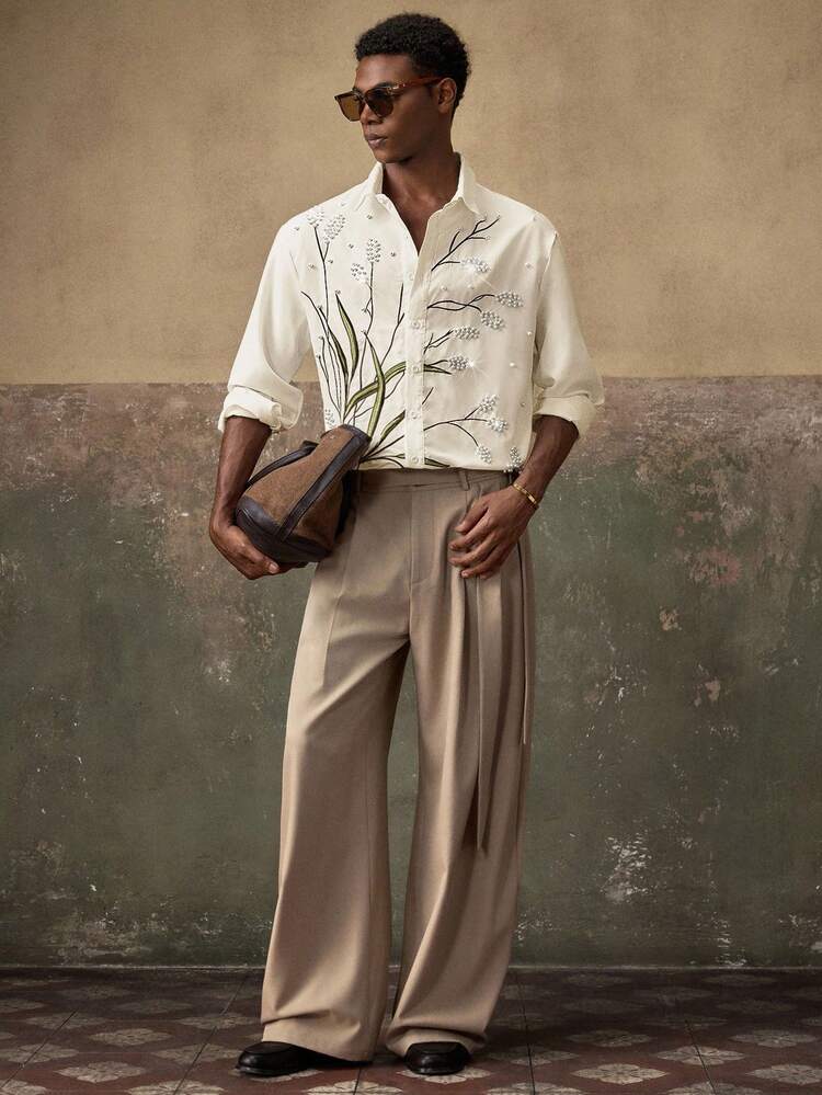 Chemise décontractée à manches longues avec imprimé floral rétro pour hommes