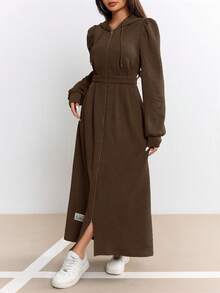 Modelyn Women's Solid Color Hooded Raglan Sleeve Zip-Up Pleated Long Dress - Coffee Brown - View 6