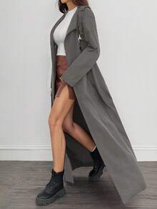 SHEIN Tall Impermeabile lungo e monocolore a doppio petto con maniche lunghe, adatto per l'autunno/inverno - Grigio - Visualizzare 4