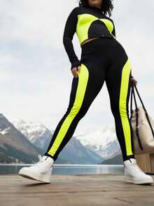 Innovista Women's Color-Blocked Zipper Collar Jacket And Pants Ski Set – A Two-Tone Sportswear Set Featuring A Stylish Zip-Up Long-Sleeved Cropped Jacket Paired With High-Waisted, Hip-Lifting Leggings. This Premium Sportswear Set Is Suitable For Yoga, Pilates, Cycling, Bike Training, High-Intensity Interval Training, Running, And Gym Workouts. Breathable, Stretchy, Quick-Drying, And Sweat-Wicking, It's Perfect For Fall And Winter Wear. Neon Piping, Utilitarian Chic - Black - View 15