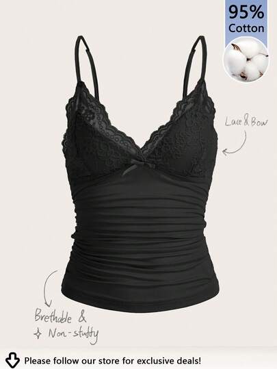 Tseoso 5% Cotton Sexy Contrast Lace Ruched Y2K Cami Top, Basic Layering Piece, All-Year Wear, All-Match & Versatile, Autumn/Winter, Cute Retro Vintage Soft Girl Style, Casual Slim-Fit, Perfect For Home, Back To School, And Fall Wardrobe