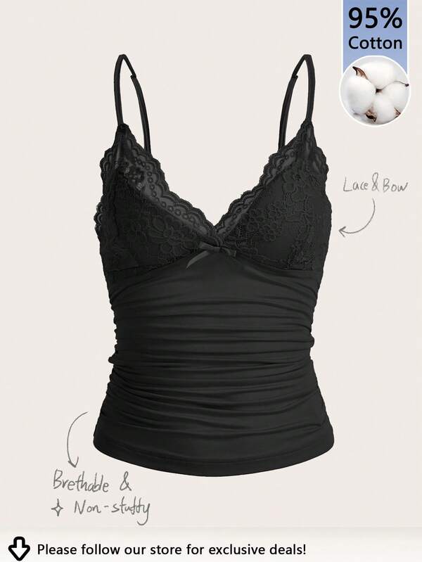 Tseoso 5% Cotton Sexy Contrast Lace Ruched Y2K Cami Top, Basic Layering Piece, All-Year Wear, All-Match & Versatile, Autumn/Winter, Cute Retro Vintage Soft Girl Style, Casual Slim-Fit, Perfect For Home, Back To School, And Fall Wardrobe