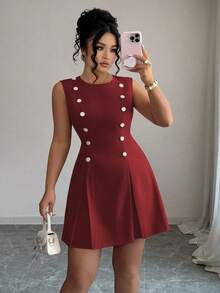 Elenzga Vestido mini elegante de talla grande con cuello redondo, sin mangas, doble botonadura, botones de cristal, cintura ceñida. Versátil para el trabajo y uso casual, color rosa - Burdeos - Ver 4