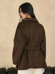Dazy-Less 女士优雅时尚厚款短款棕色羊毛混纺休闲商务外套，秋冬 - 棕色 - 查看 2