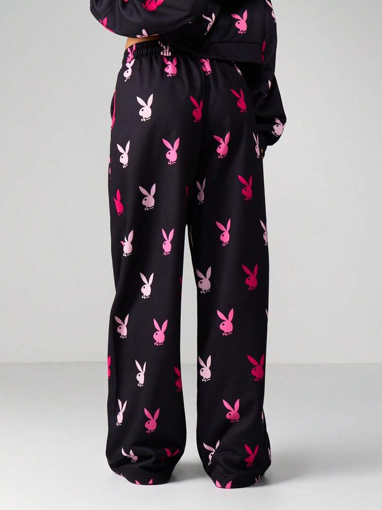 Missguided x Playboy Weite Hose mit Hasen-Muster für Damen, lässige Loungewear Pyjama-Hose
