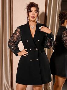 Cravure Plus Size Elegant Shawl Neck, Double-Breasted Sequins Embellished Long Sleeve Fitted Waist Dress With Pockets - Black - View 5