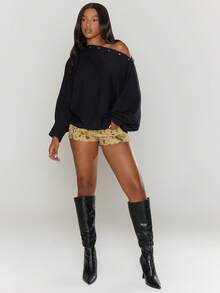 MUSERA Áo len dáng rộng, vai lệch, đính đinh tán, lưng cánh, eo thắt, phong cách Y2K cá tính, đường phố, thường ngày, mùa đông xuân, hè, đi nghỉ mát. - màu đen - Xem 5