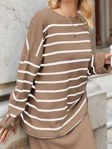 SHEIN Striped Pattern Drop Shoulder Sweater & Knit Skirt - Khaki - View 2