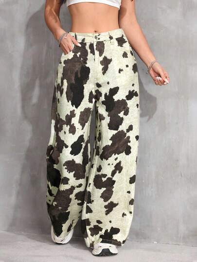 SHEIN 少女复古90年代豹纹宽松口袋高腰休闲牛仔裤，百搭阔腿牛仔裤，Y2K风格，适合教师、返校、教堂等场合，商务休闲女孩，工装牛仔裤连衣裙，秋冬宽松裤，高腰长款阔腿牛仔裤，通体豹纹印花，棕色豹纹阔腿牛仔裤，街头风