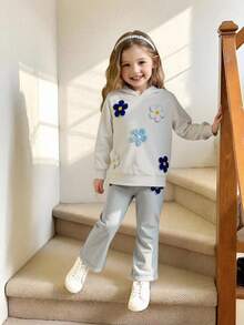Elladie kids Young Girl Casual Hooded Long Sleeve Sweatshirt & Flared Pants 2 Pieces Set, Flower Pattern Sweatshirt & Gray Flare Pants, Spring/Autumn Slouchy Wear - White - View 1