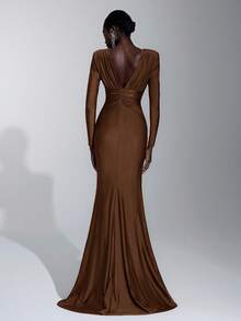 优雅、浪漫、性感、简约、梅红色、有弹性、深 V 领、长袖、鱼尾下摆、时尚、网红风格、适合节日、度假、生日派对、婚礼、伴娘礼服 - 棕色 - 查看 3