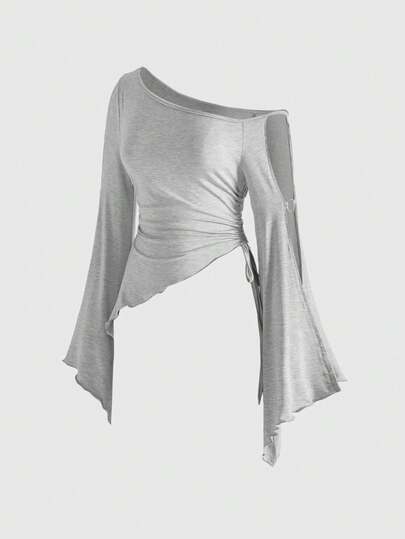 Hippie T-shirt décontracté pour femmes avec épaule asymétrique, taille cintrée et manches évasées style chauve-souris