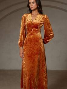 Revavyn Velvet Embossed Fabric Elegant Long V-Neck Button Decor Dress - Coral Orange - View 1